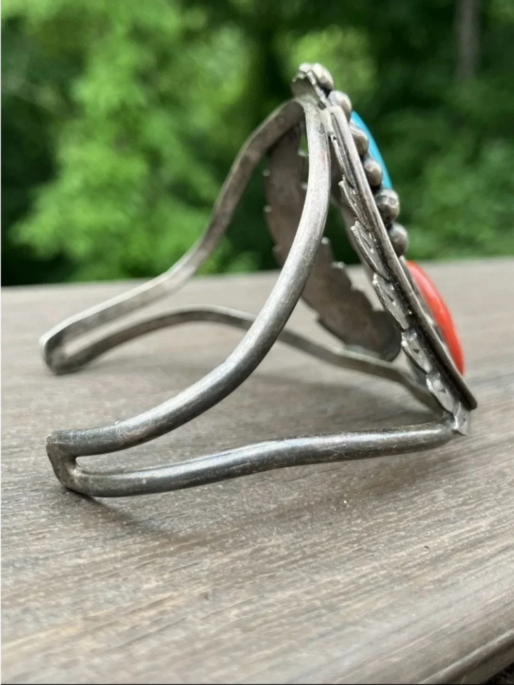 Turquoise & Red Jasper Mexico 925 Sterling Silver Cuff Bangle Bracelet Vintage - Picture 6 of 10
